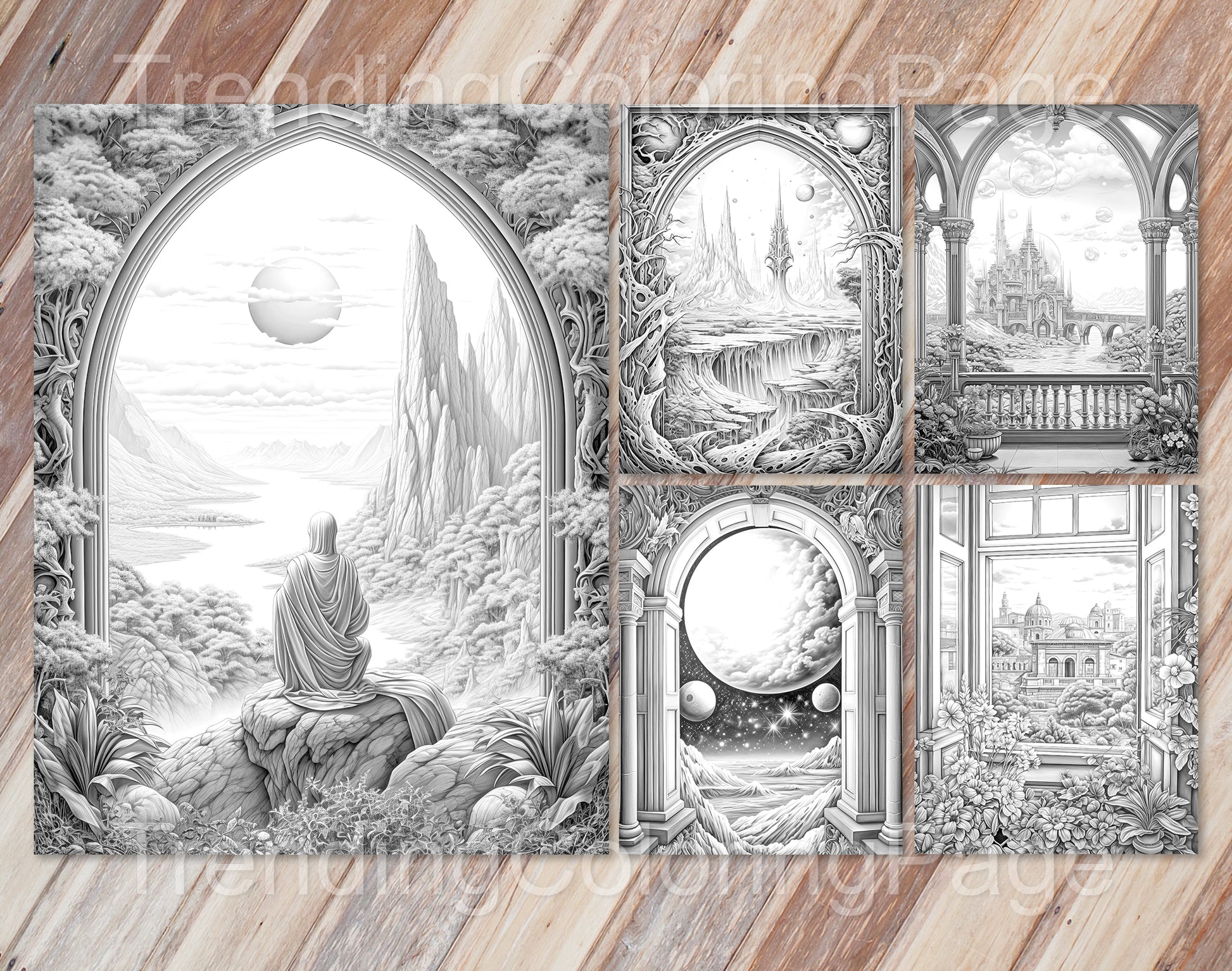 40 Window to Another World 2 Grayscale Coloring Pages- Instant Download - Printable PDF Dark/Light – preview 6