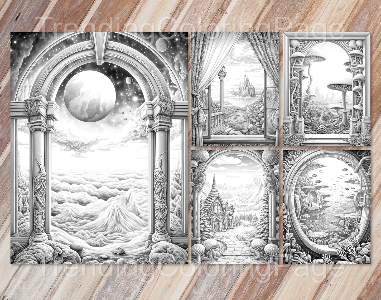 40 Window to Another World 2 Grayscale Coloring Pages- Instant Download - Printable PDF Dark/Light – preview 7