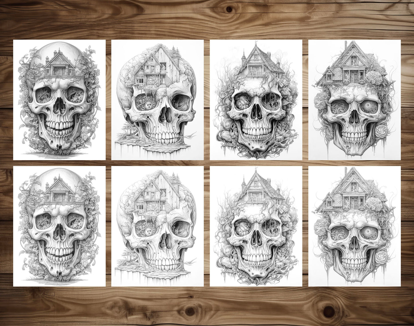 40 Skull House Grayscale Coloring Pages - Halloween Coloring - Instant Download - Printable PDF Dark/Light