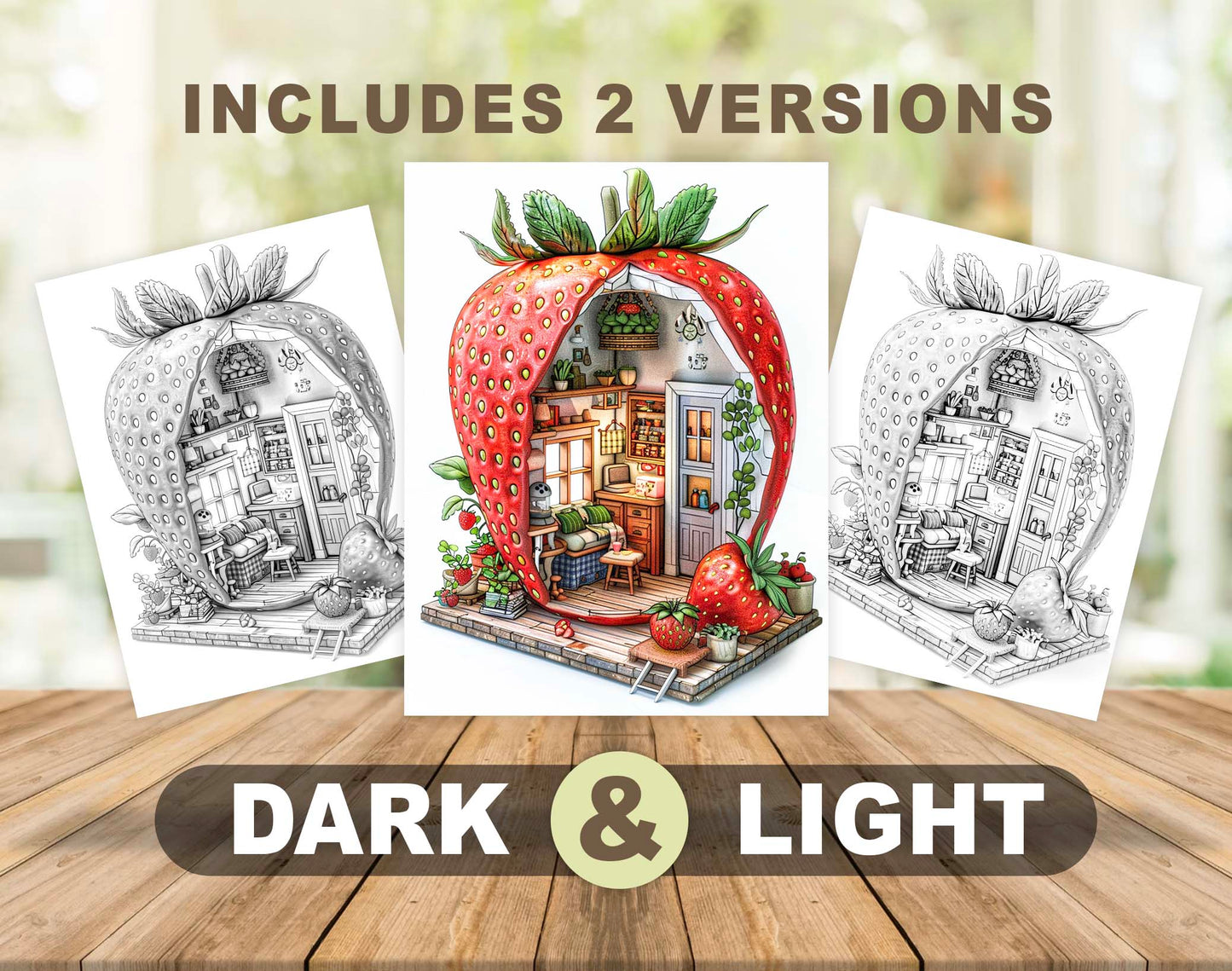 42 Fruit House Interior Grayscale Coloring Pages - Instant Download - Printable Dark/Light