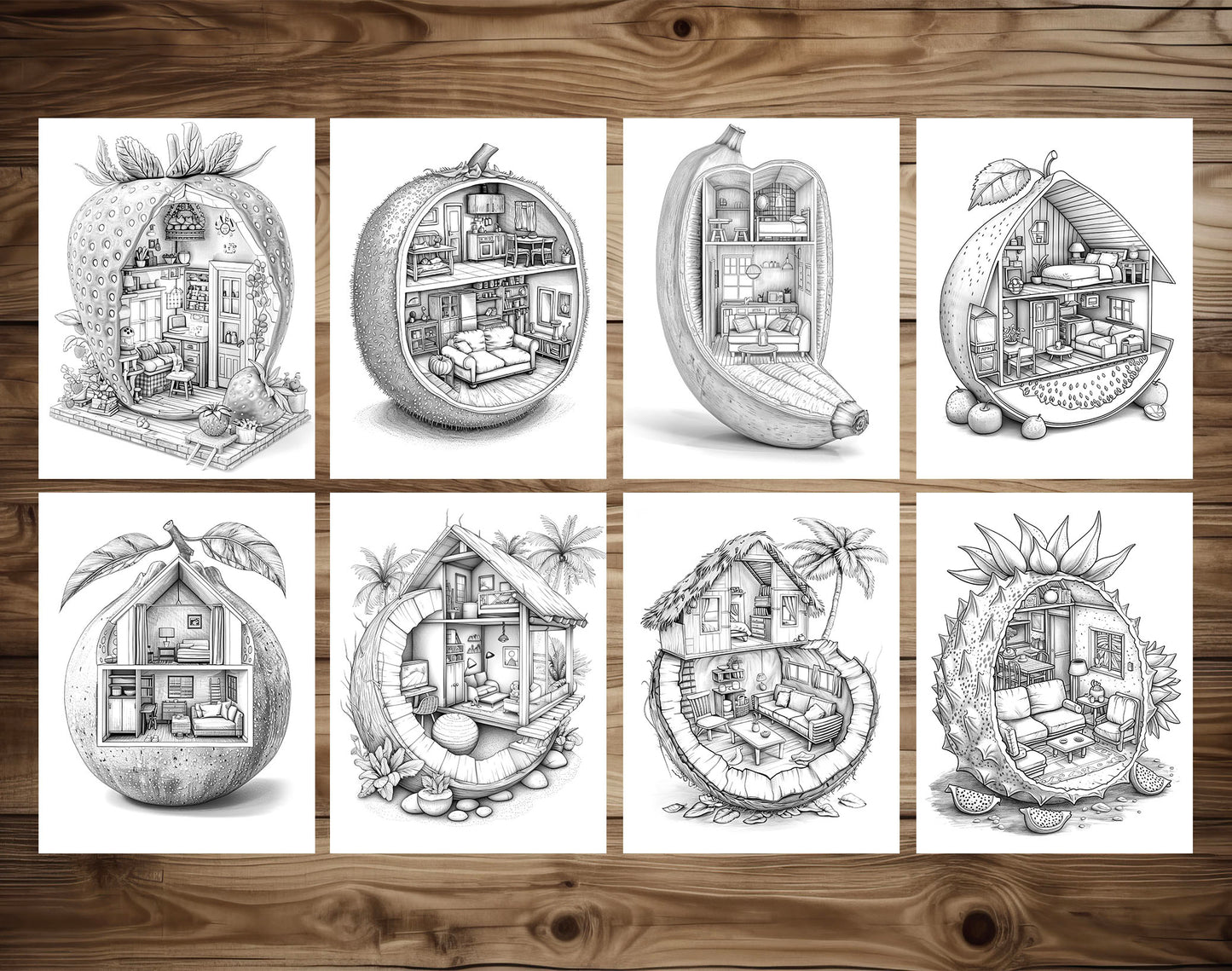 42 Fruit House Interior Grayscale Coloring Pages - Instant Download - Printable PDF Dark/Light