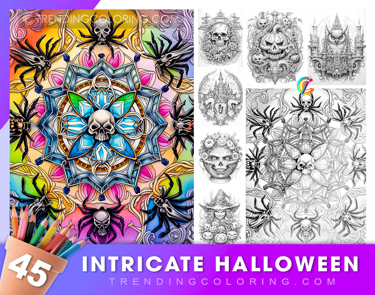 45 Intricate Halloween Grayscale Coloring Pages - Instant Download - Printable PDF Dark/Light