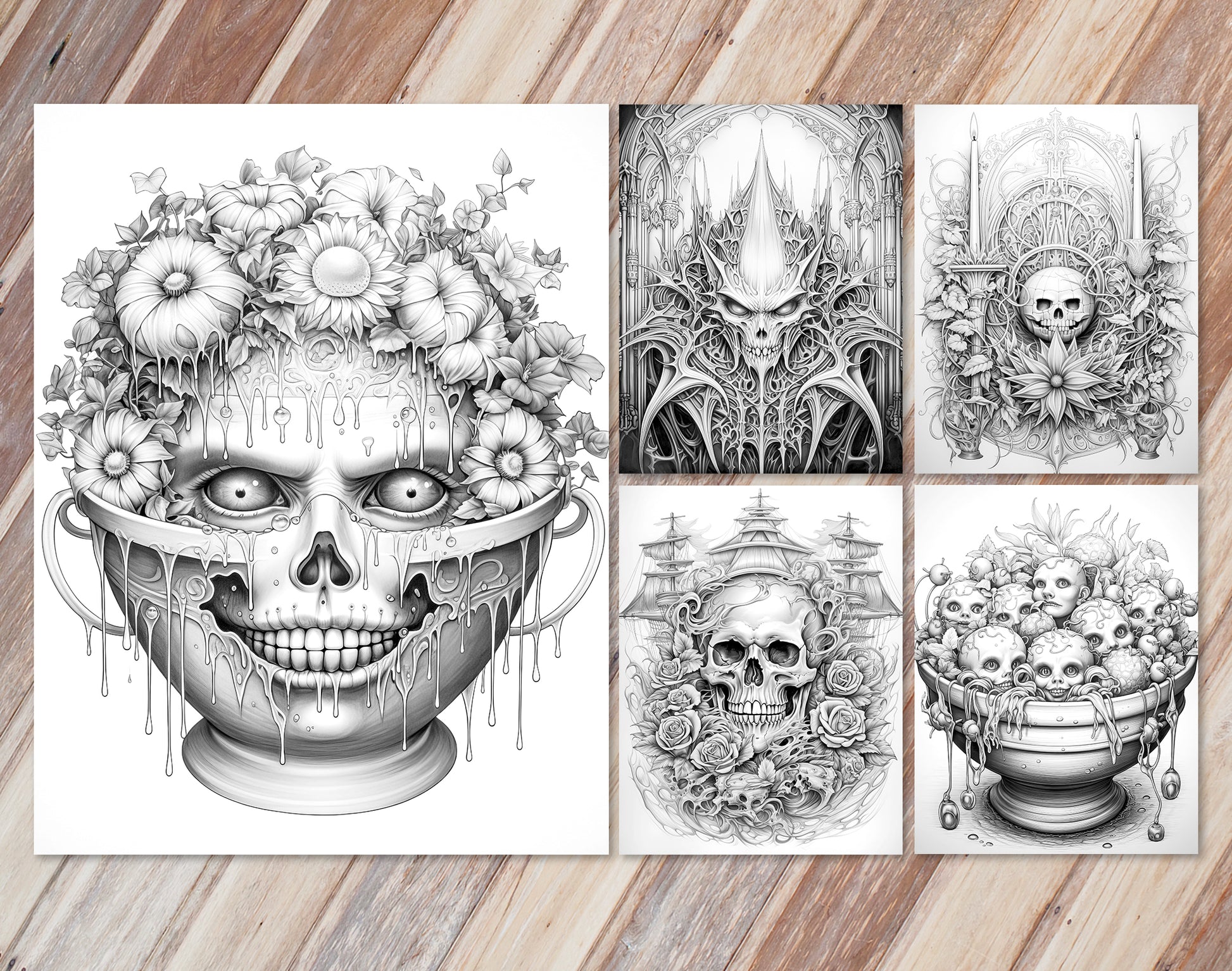 45 Intricate Halloween Grayscale Coloring Pages - Instant Download - Printable PDF Dark/Light – preview 2