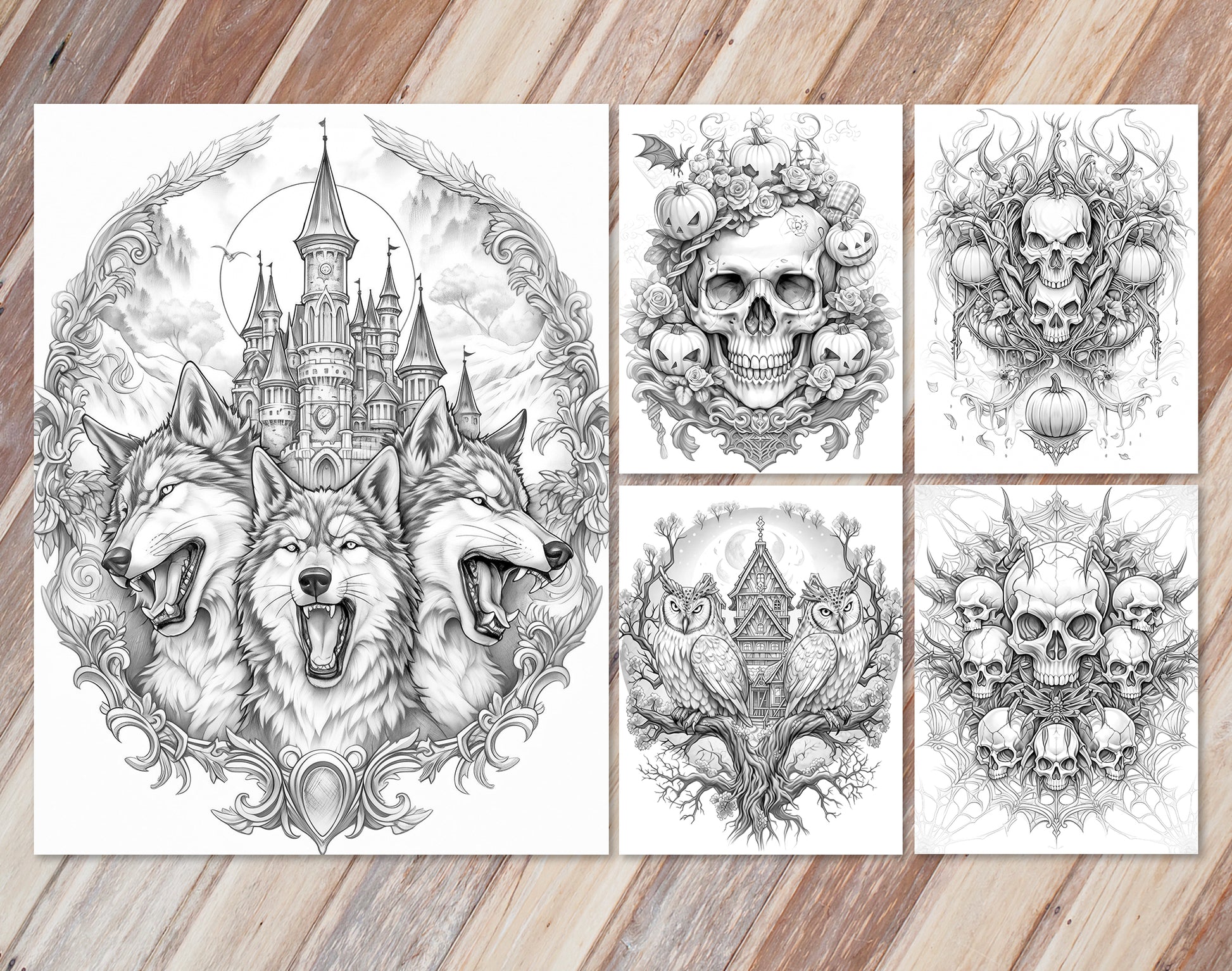 45 Intricate Halloween Grayscale Coloring Pages - Instant Download - Printable PDF Dark/Light – preview 3