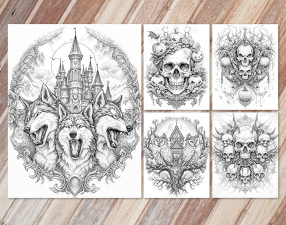 45 Intricate Halloween Grayscale Coloring Pages - Instant Download - Printable PDF Dark/Light – preview 3