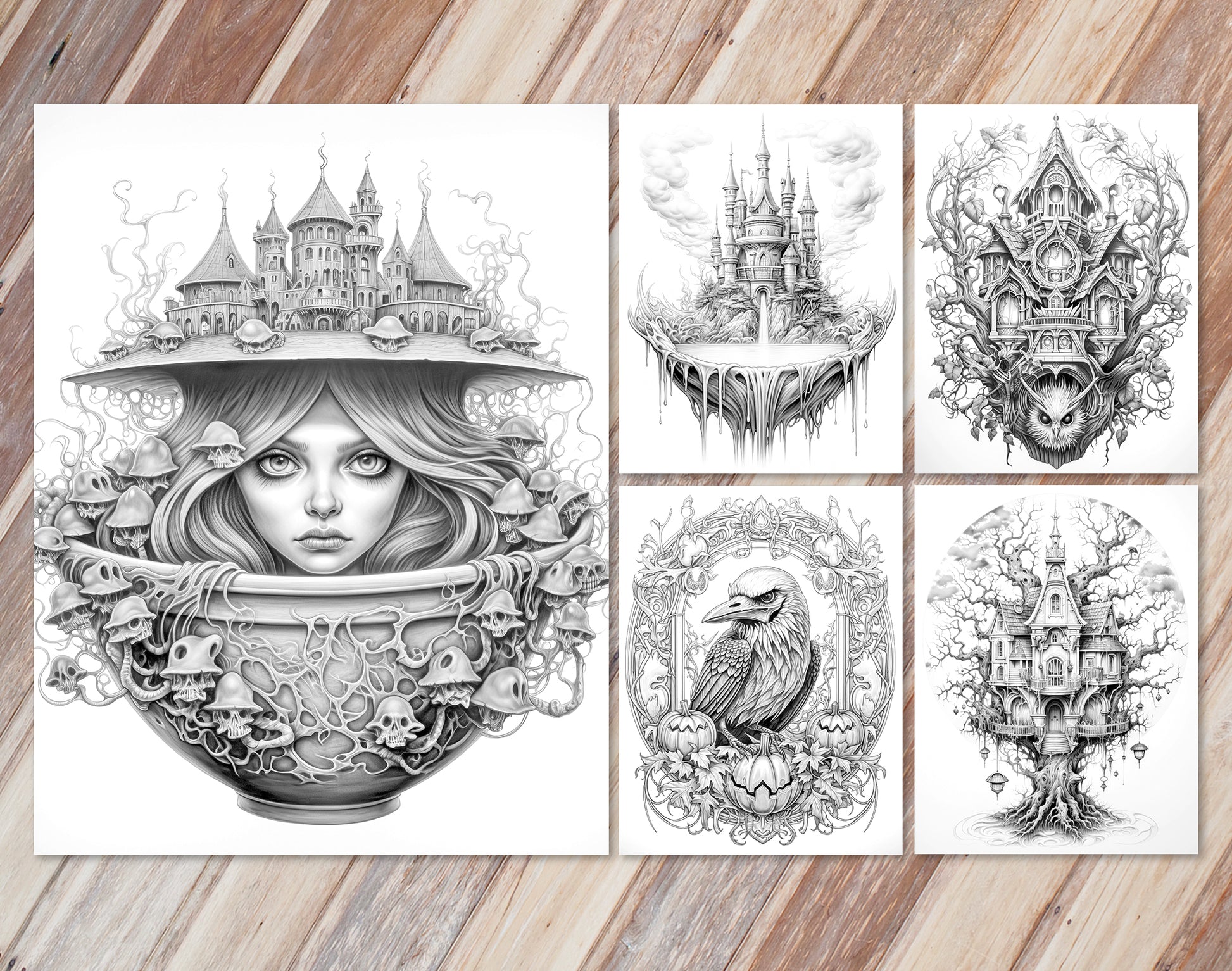 45 Intricate Halloween Grayscale Coloring Pages - Instant Download - Printable PDF Dark/Light – preview 4