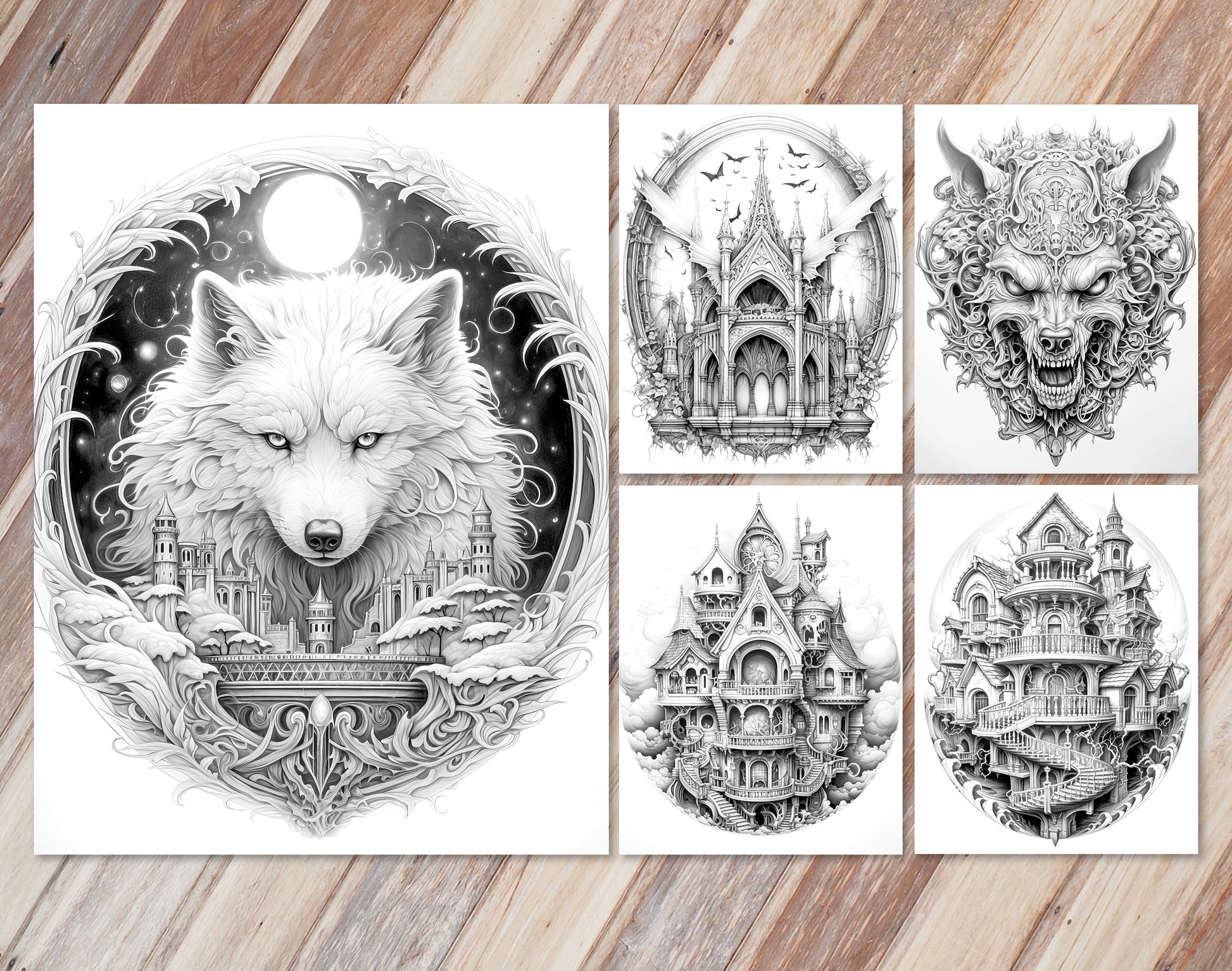 45 Intricate Halloween Grayscale Coloring Pages - Instant Download - Printable PDF Dark/Light – preview 5