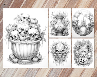 45 Intricate Halloween Grayscale Coloring Pages - Instant Download - Printable PDF Dark/Light – preview 6