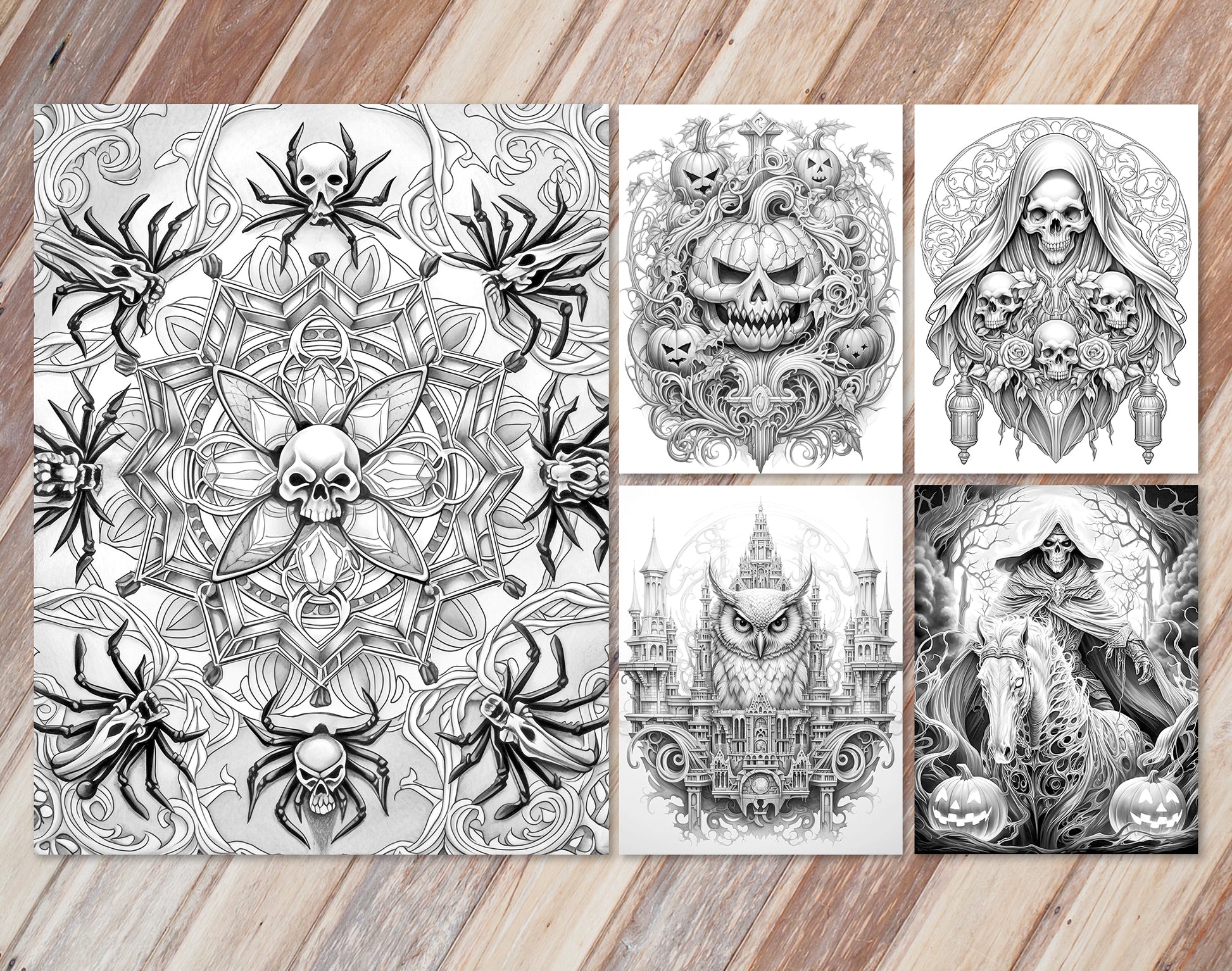 45 Intricate Halloween Grayscale Coloring Pages - Instant Download - Printable PDF Dark/Light – preview 7