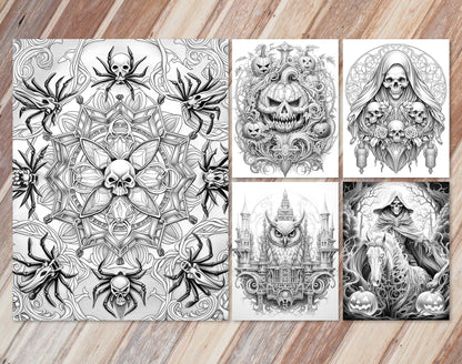 45 Intricate Halloween Grayscale Coloring Pages - Instant Download - Printable PDF Dark/Light – preview 7