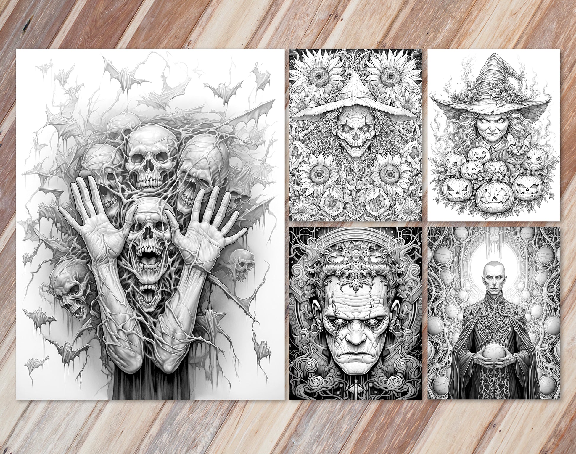 45 Intricate Halloween Grayscale Coloring Pages - Instant Download - Printable PDF Dark/Light – preview 8