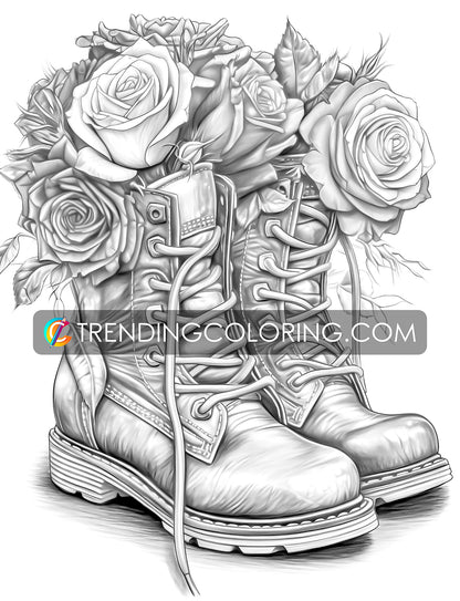 25 Blühende Stiefel Graustufen Ausmalbilder - Sofortiger Download - Druckbare PDF