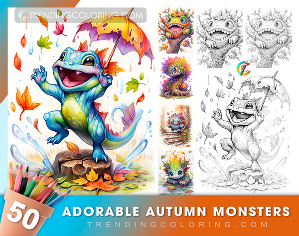 50 Adorable Autumn Monsters Grayscale Coloring Pages Instant Download