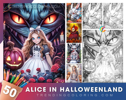 50 Alice im Halloweenland Graustufen Malbuchseiten - Halloween Ausmalen - Sofortiger Download - Druckbare PDF Dunkel/Hell
