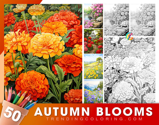 50 Autumn Blooms Grayscale Coloring Pages - Instant Download - Printable Dark/Light