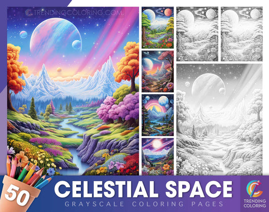 50 Celestial Space Grayscale Coloring Pages - Instant Download - Printable Dark/Light PDF