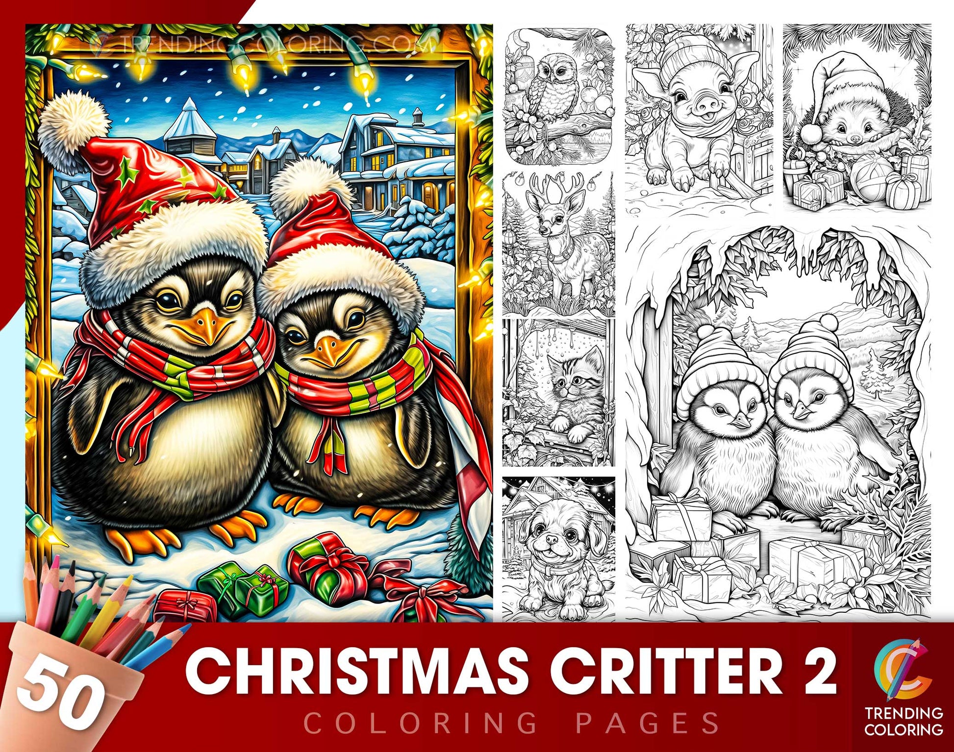 50 Christmas Critter 2 Coloring Pages - Instant Download - Printable PDF