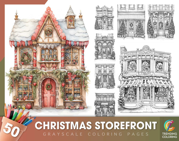 50 Christmas Storefront Grayscale Coloring Pages - Instant Download - Printable Dark/Light PDF