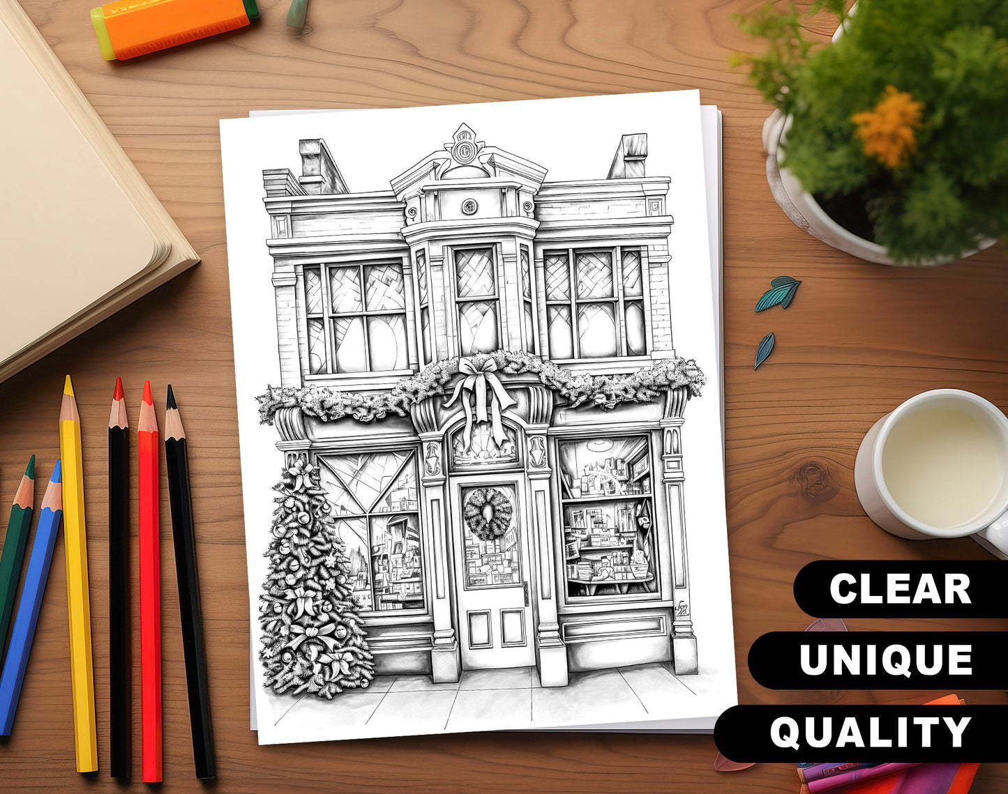 50 Christmas Storefront Grayscale Coloring Pages - Instant Download - Printable PDF Dark/Light