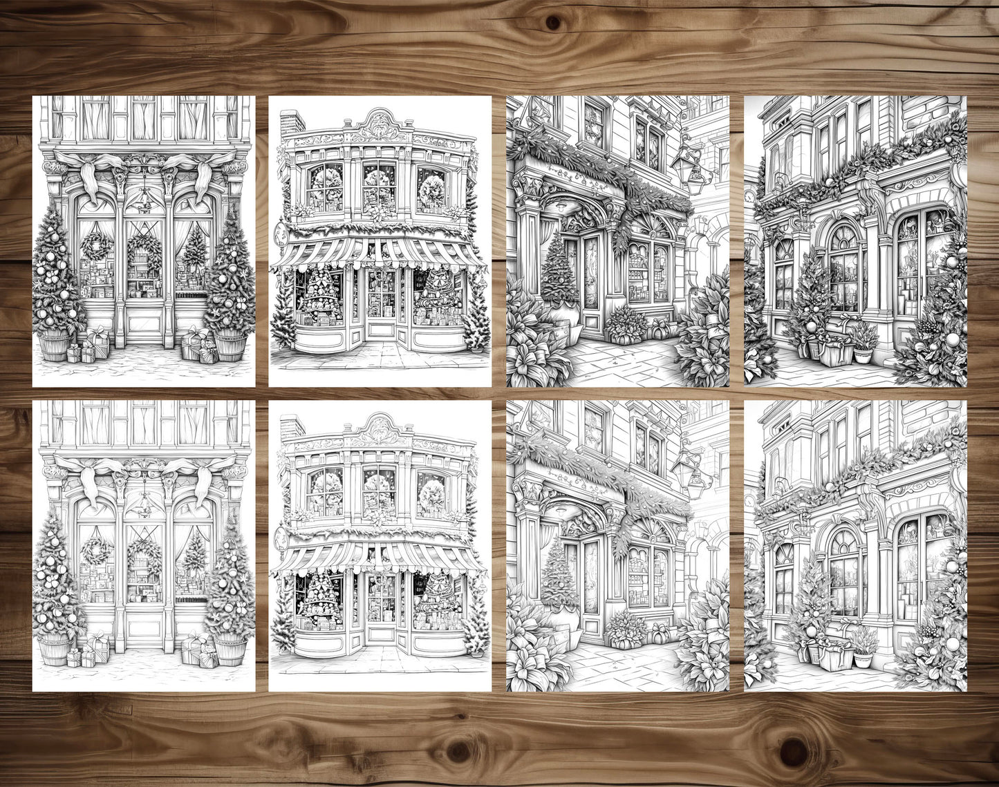 50 Christmas Storefront Grayscale Coloring Pages - Instant Download - Printable PDF Dark/Light