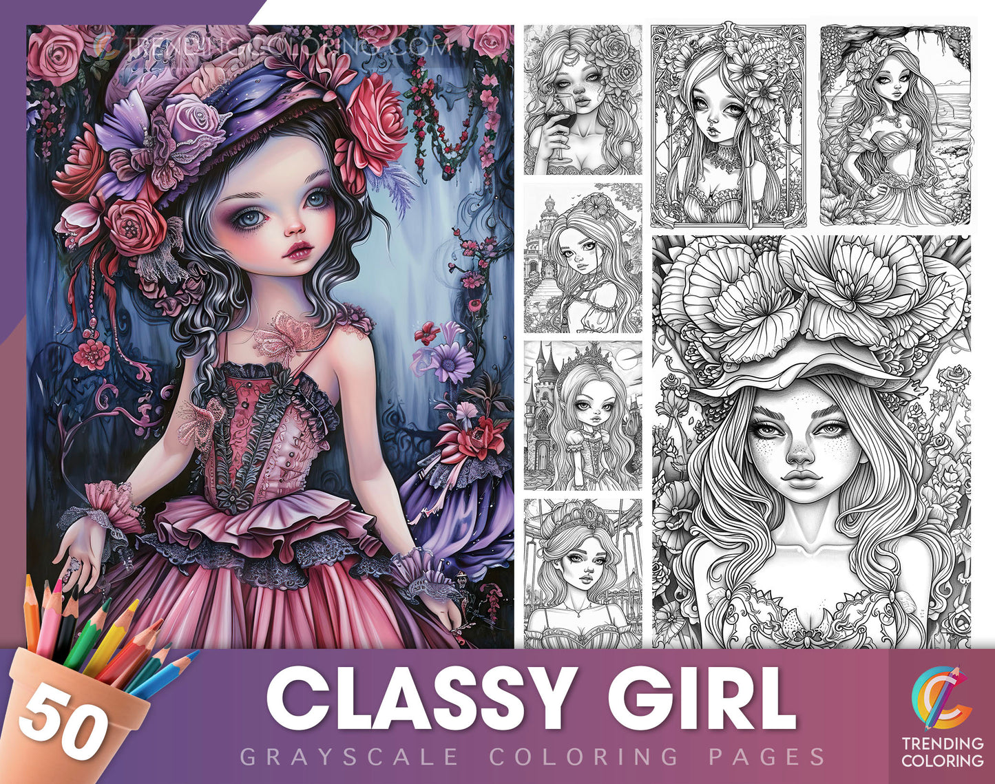 50 Classy Girl Grayscale Coloring Pages - Instant Download - Printable Dark/Light