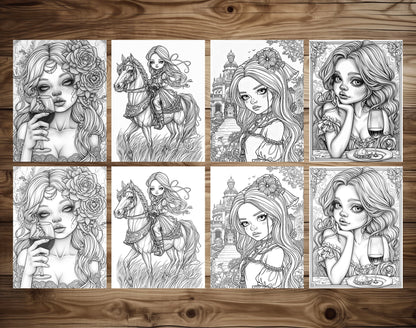 50 Classy Girl Grayscale Coloring Pages - Instant Download - Printable PDF Dark/Light