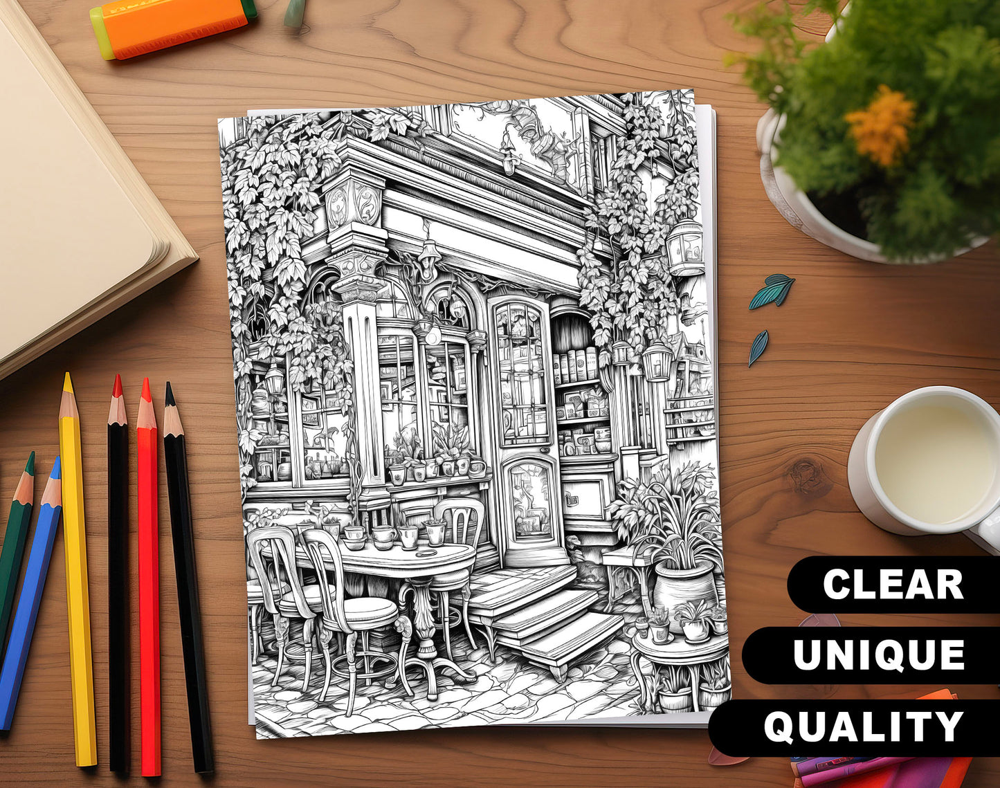 50 Coffee Shop Grayscale Coloring Pages - Instant Download - Printable PDF Dark/Light