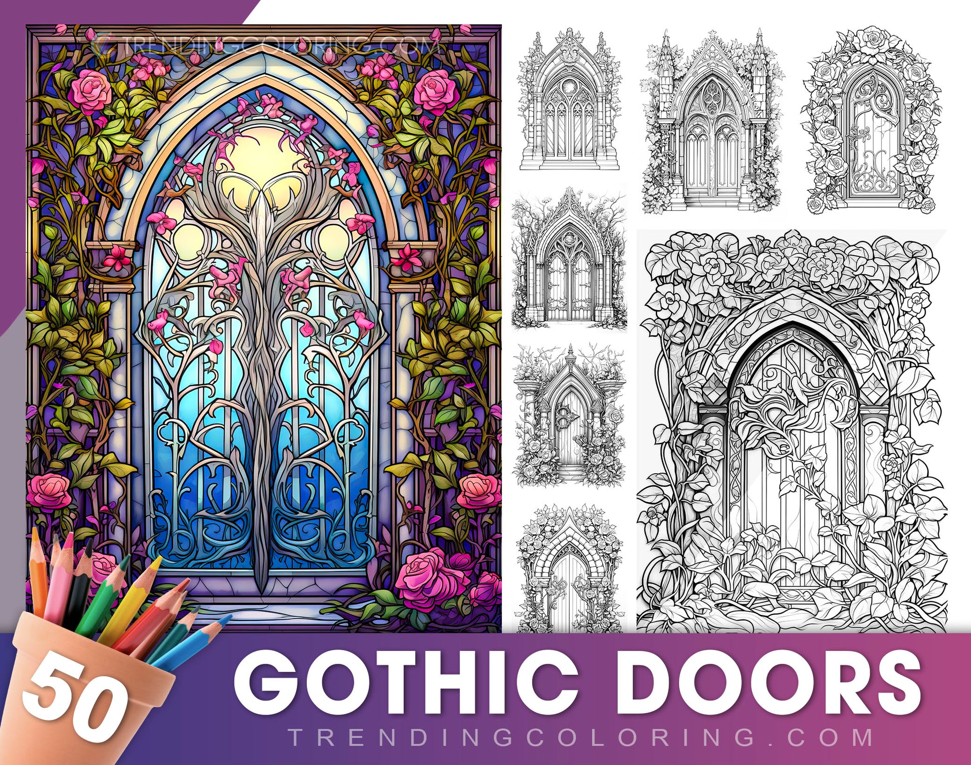 50 Gothic Doors Coloring Pages - Instant Download - Printable PDF