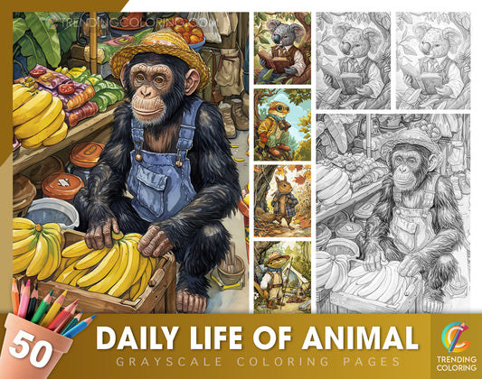 50 Daily Life Of Animal Grayscale Coloring Pages - Instant Download - Printable Dark/Light