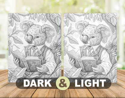 50 Daily Life Of Animal Grayscale Coloring Pages - Instant Download - Printable PDF Dark/Light
