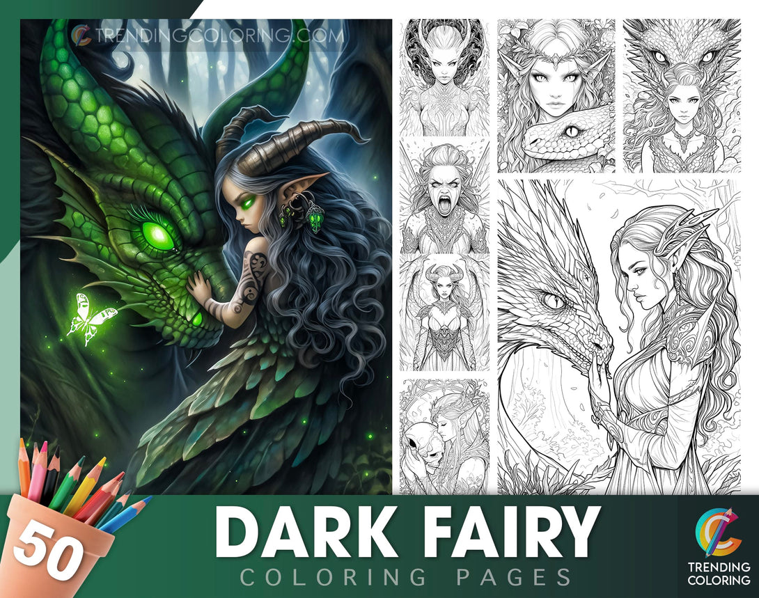 50 Dark Fairy Coloring Pages - Instant Download - Printable PDF