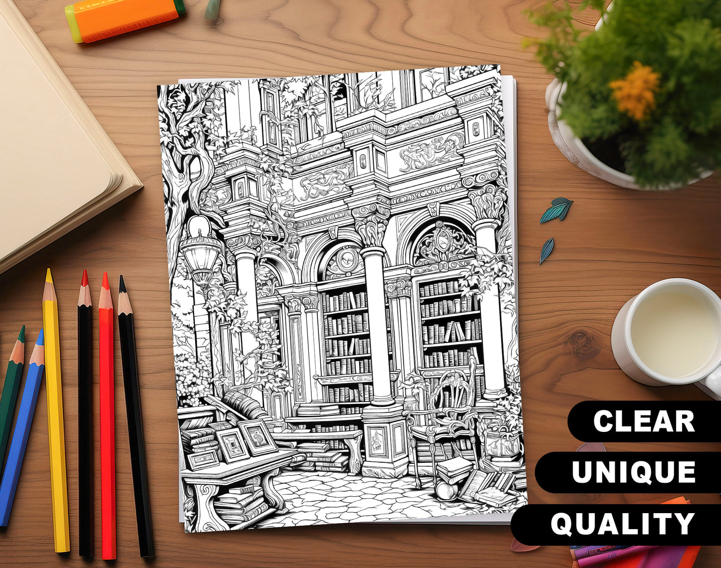 50 Enchanted Library Grayscale Coloring Pages - Instant Download - Printable Dark/Light