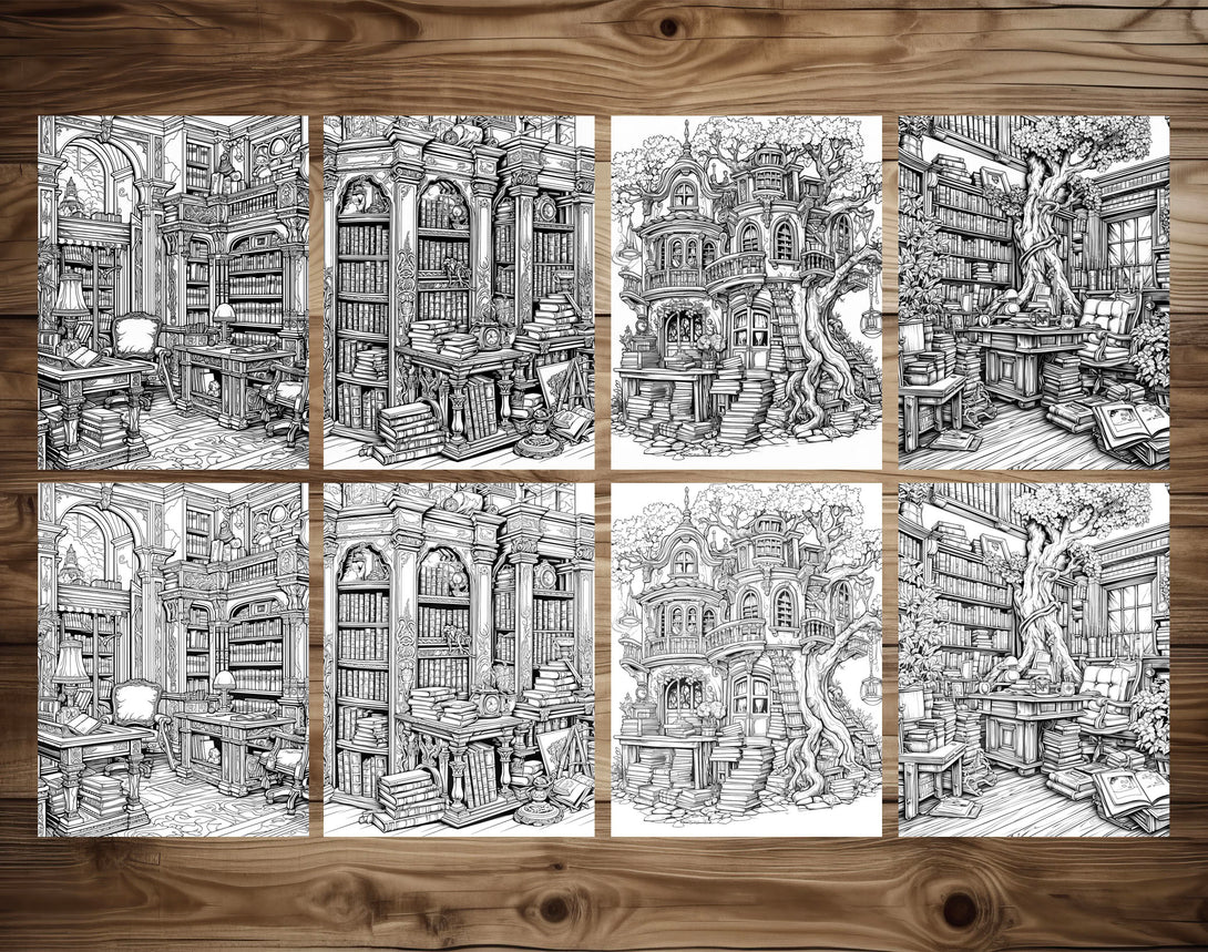 50 Enchanted Library Grayscale Coloring Pages - Instant Download - Pri ...