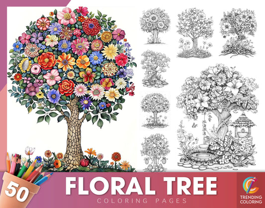 50 Floral Tree Coloring Pages - Instant Download - Printable PDF