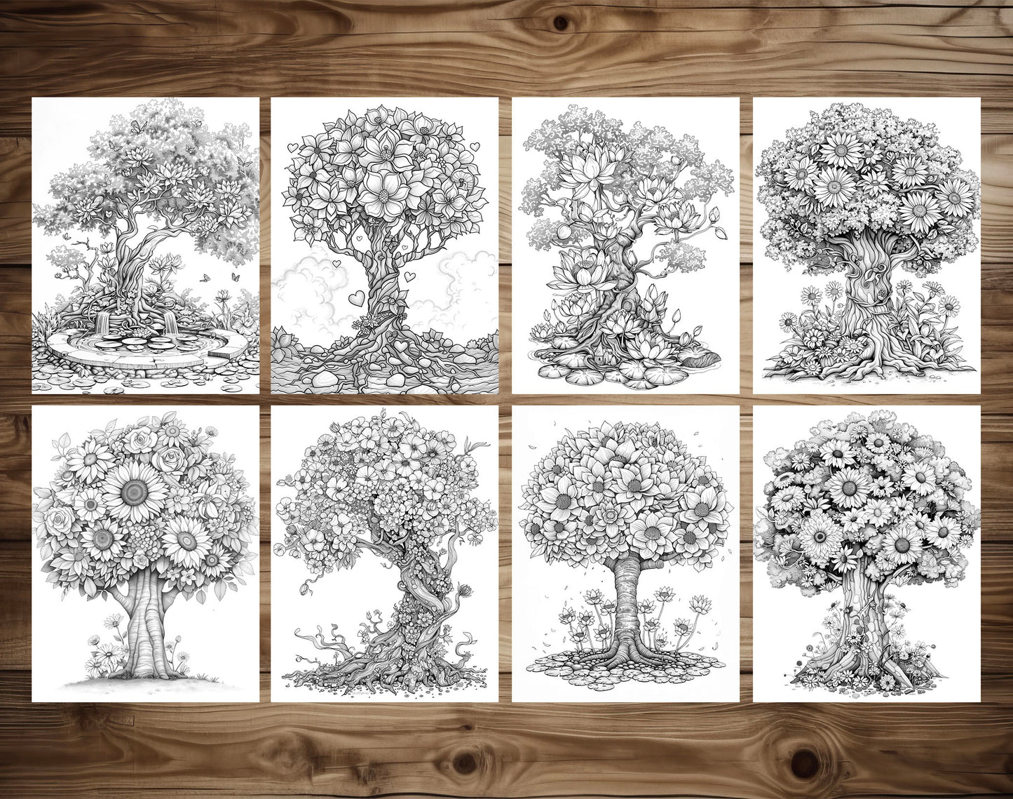 50 Floral Tree Coloring Pages - Instant Download - Printable