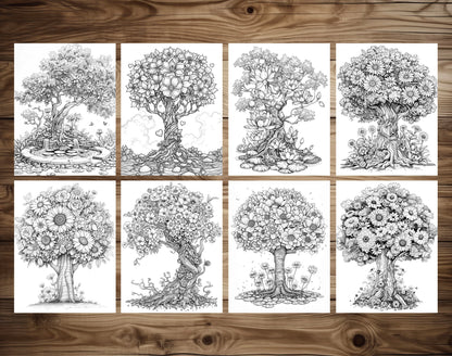 50 Floral Tree Coloring Pages - Instant Download - Printable PDF