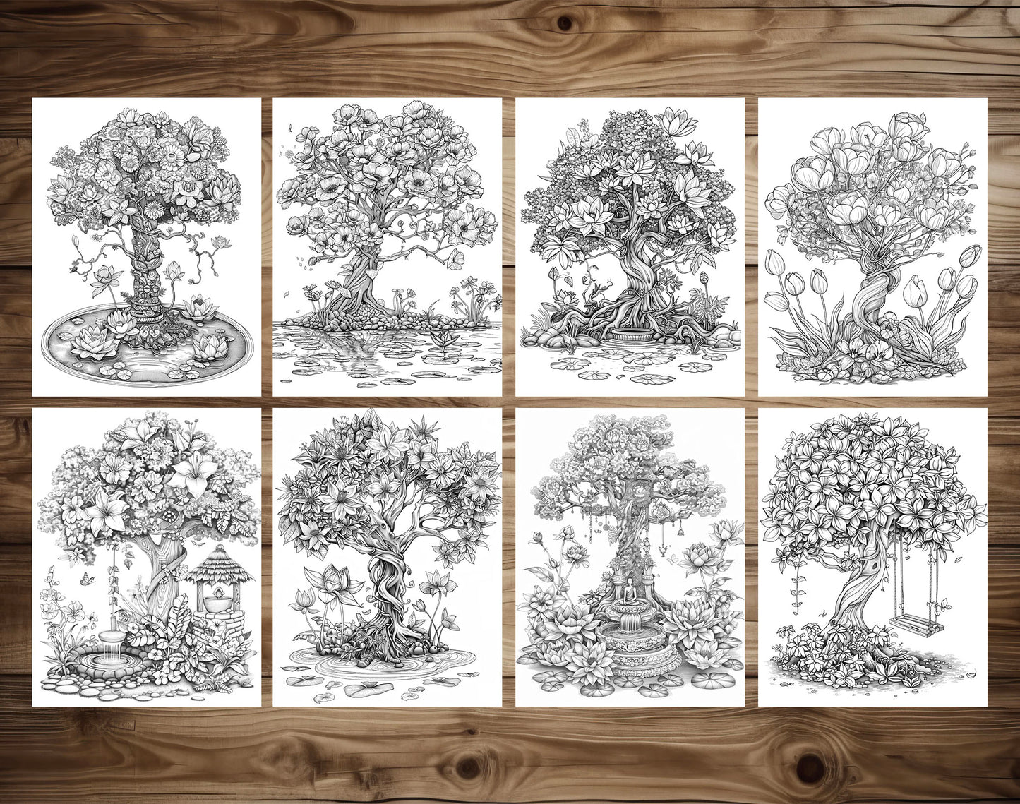 50 Floral Tree Coloring Pages - Instant Download - Printable
