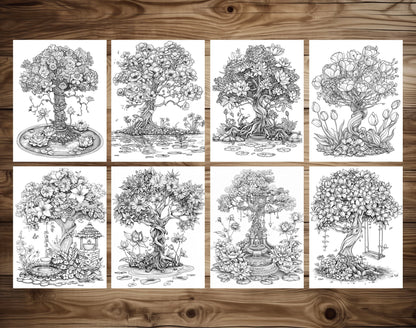 50 Floral Tree Coloring Pages - Instant Download - Printable PDF