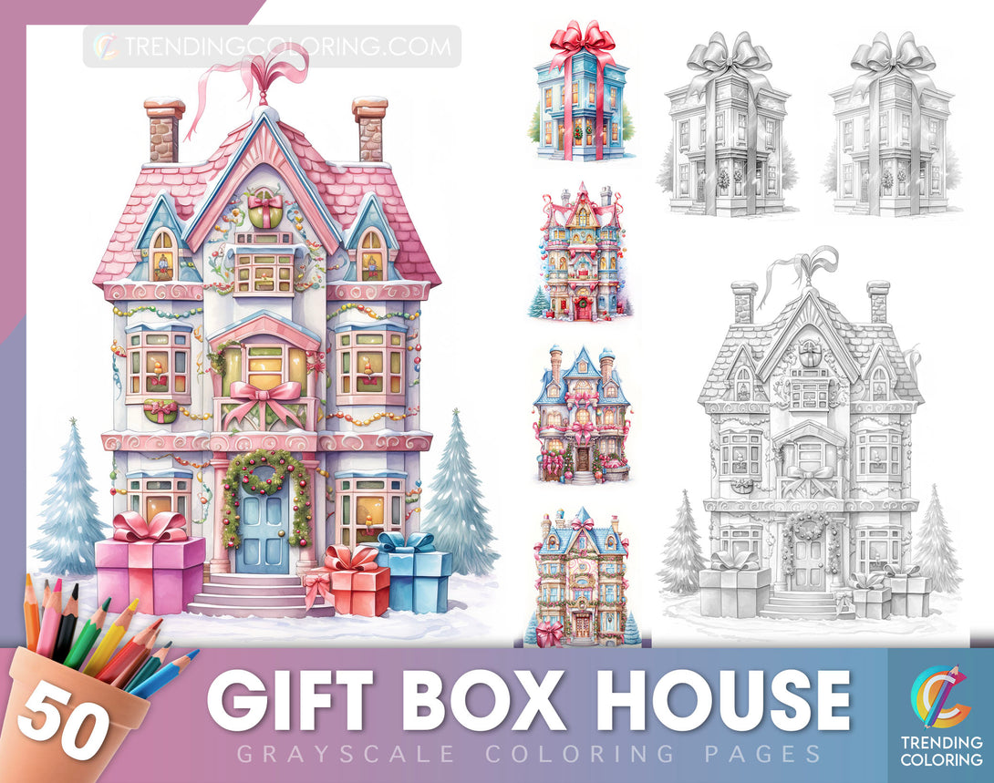 50 Gift Box House Grayscale Coloring Pages - Instant Download - Printable Dark/Light PDF