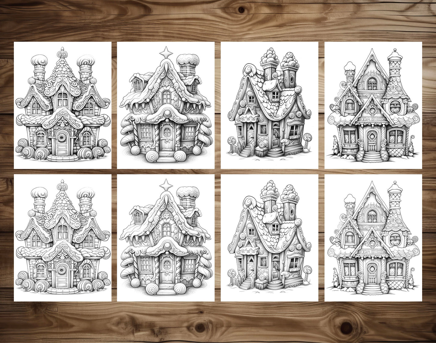 50 Gingerbread House Grayscale Coloring Pages - Instant Download - Printable Dark/Light