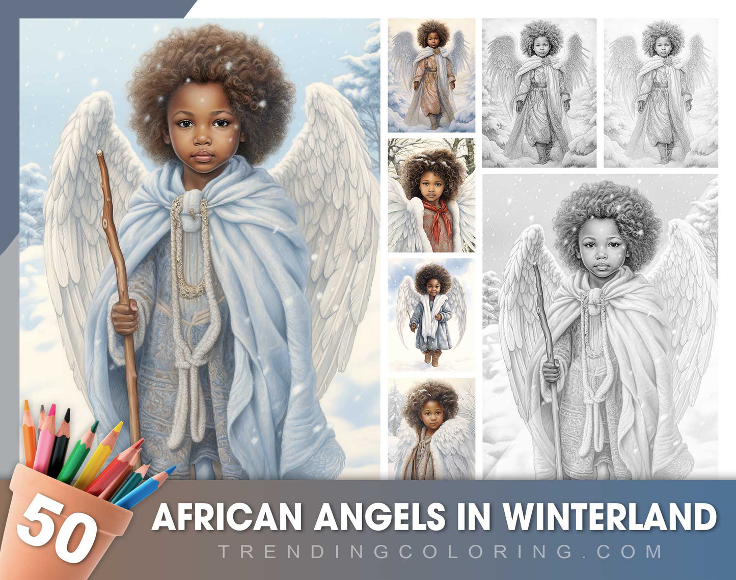50 African Angels In Winterland Grayscale Coloring Pages - Instant Download - Printable Dark/Light PDF