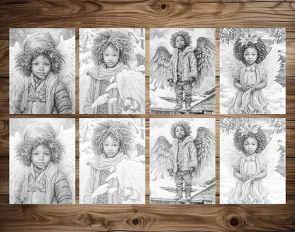 50 African Angels In Winterland Grayscale Coloring Pages - Instant Download - Printable PDF Dark/Light