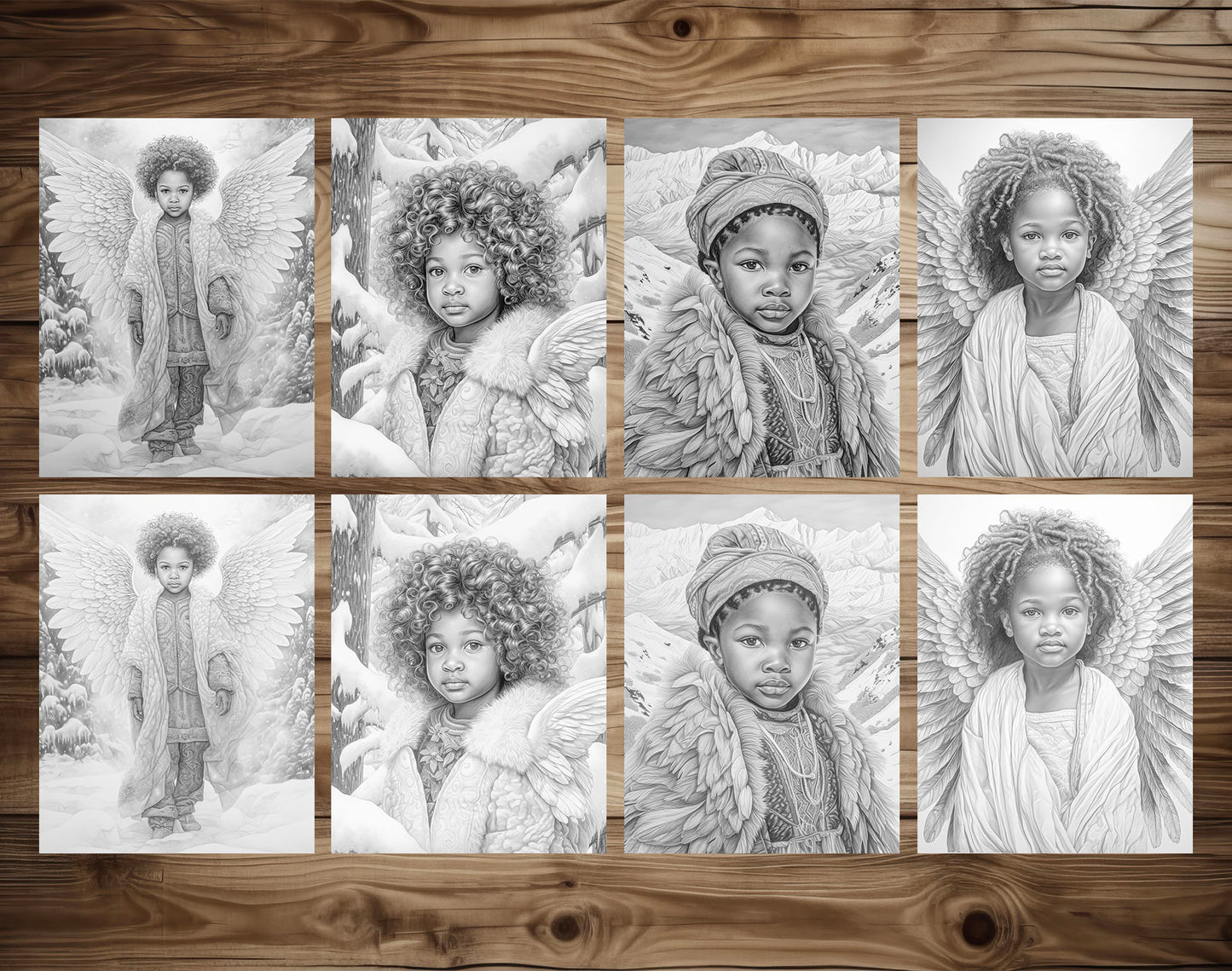 50 African Angels In Winterland Grayscale Coloring Pages - Instant Download - Printable PDF Dark/Light