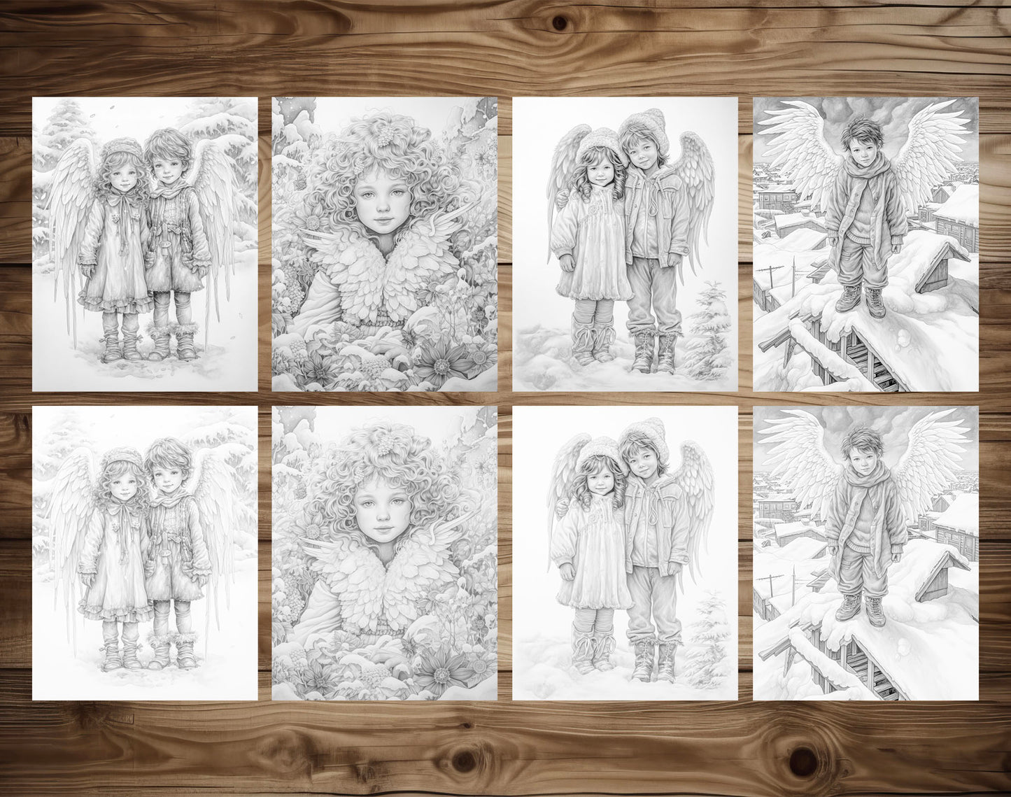 50 Little Snow Angels Grayscale Coloring Pages - Instant Download - Printable PDF Dark/Light