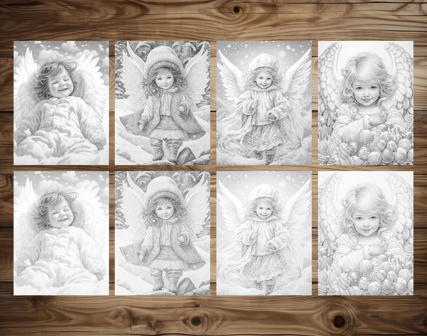 50 Little Snow Angels Grayscale Coloring Pages - Instant Download - Printable PDF Dark/Light