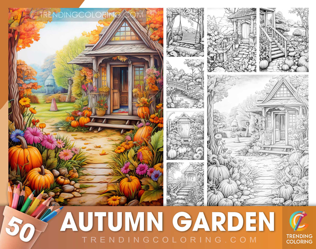 50 Autumn Garden Grayscale Coloring Pages - Instant Download - Printable Dark/Light PDF