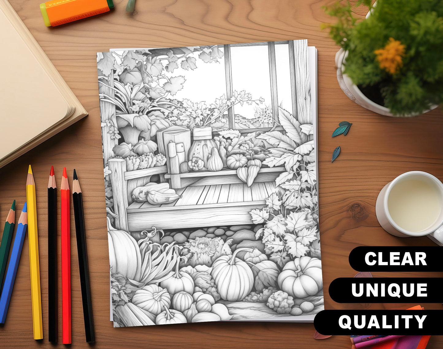 50 Autumn Garden Grayscale Coloring Pages - Instant Download - Printable PDF Dark/Light