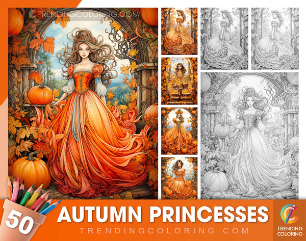 50 Autumn Princesses Grayscale Coloring Pages - Instant Download - Printable Dark/Light PDF
