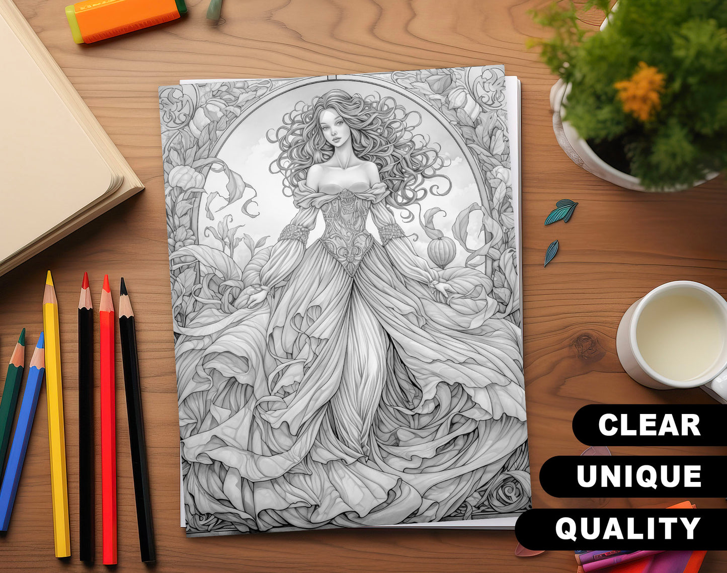 50 Autumn Princesses Grayscale Coloring Pages - Instant Download - Printable PDF Dark/Light