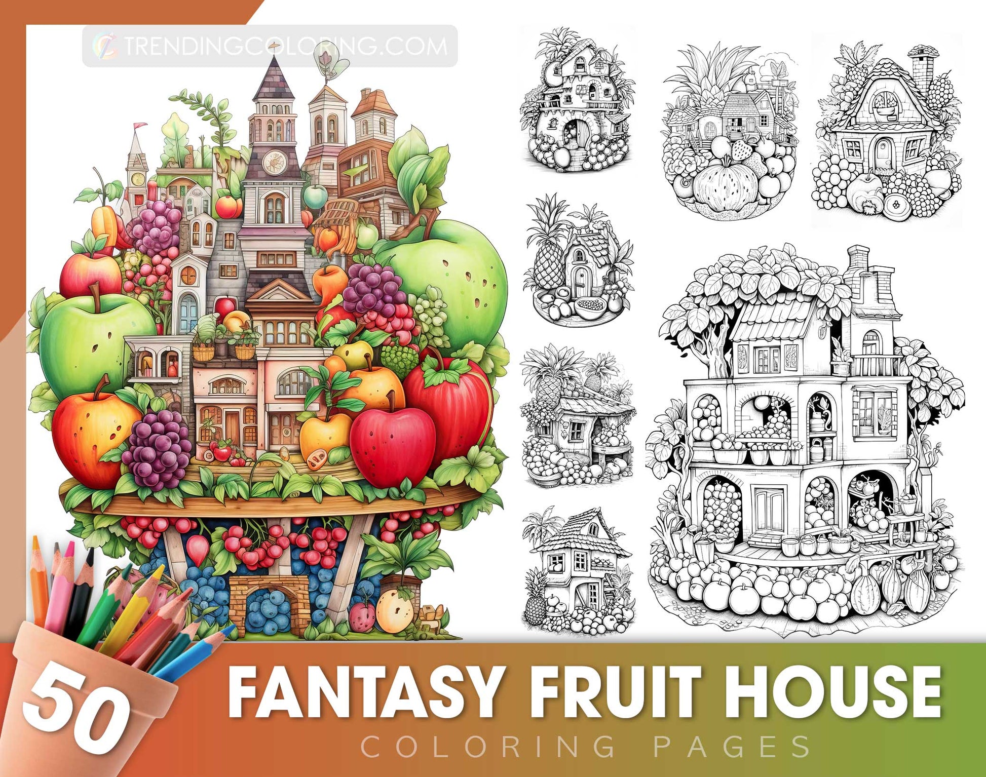 50 Fantasy Fruit House Coloring Pages - Instant Download - Printable PDF